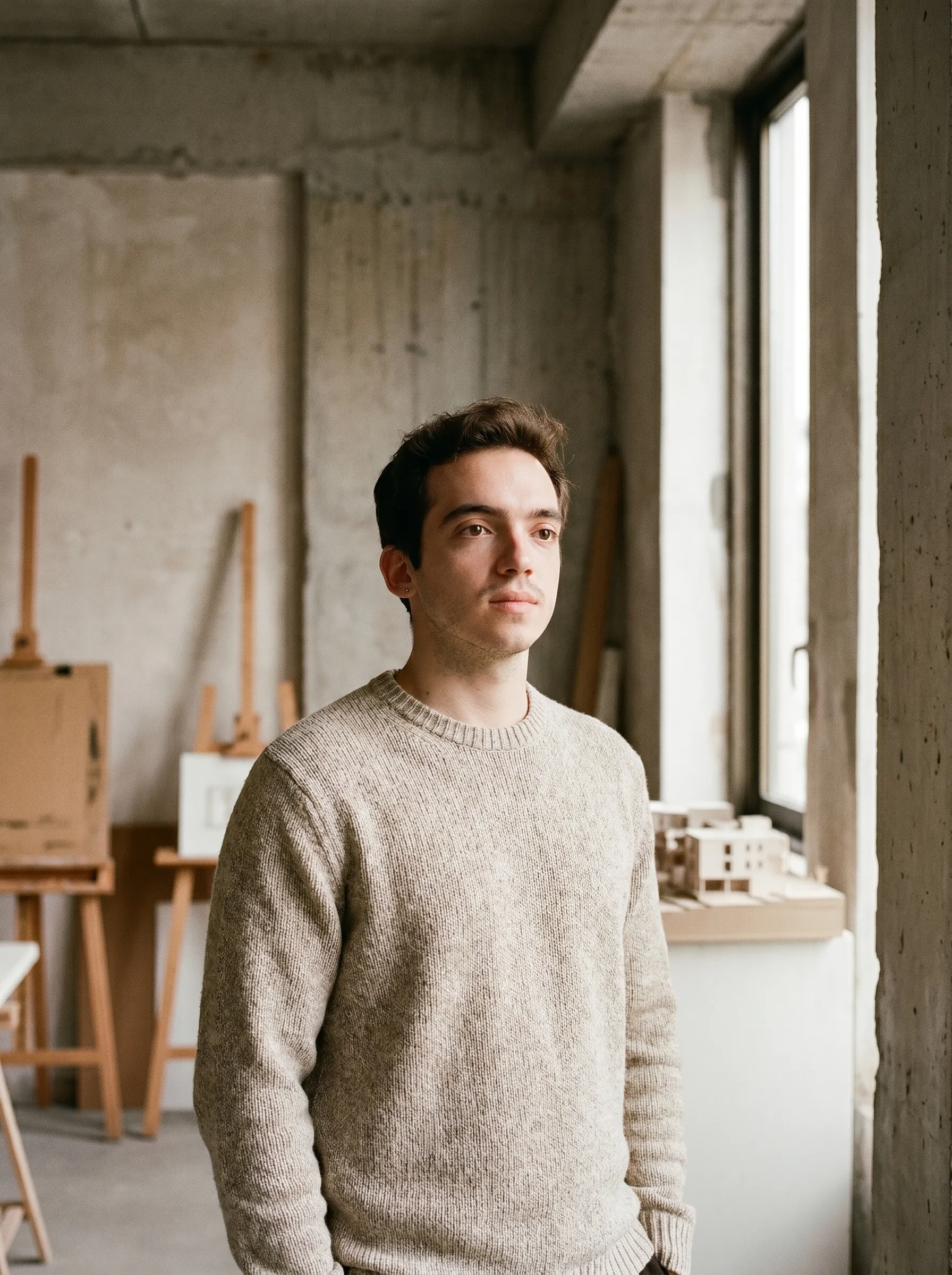 Demir Eren standing in a concrete-and-plaster studio beside an architectural model.